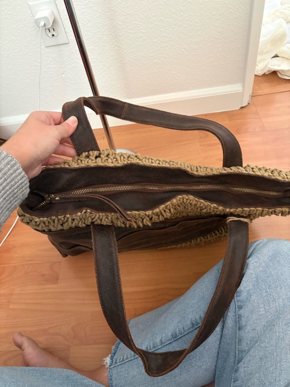 Woven Straw and Dark Brown Leather-Trim Tote - Picture 3 of 4